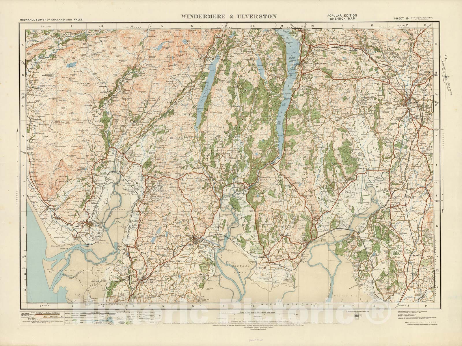 Historic Map : Sheet 19. Windermere & Ulverston. 1921 - Vintage Wall Art