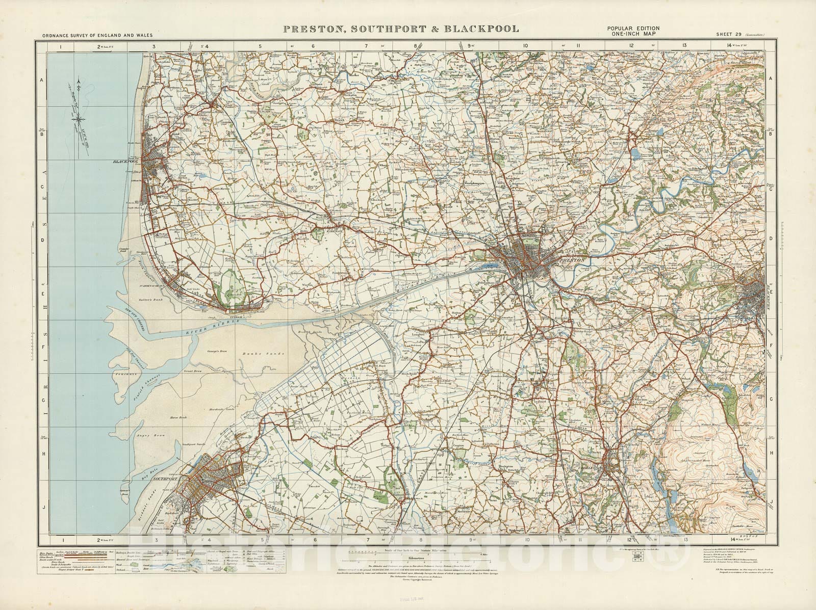 Historic Map : Sheet 29. Preston, Southport & Blackpool. 1920 - Vintage Wall Art