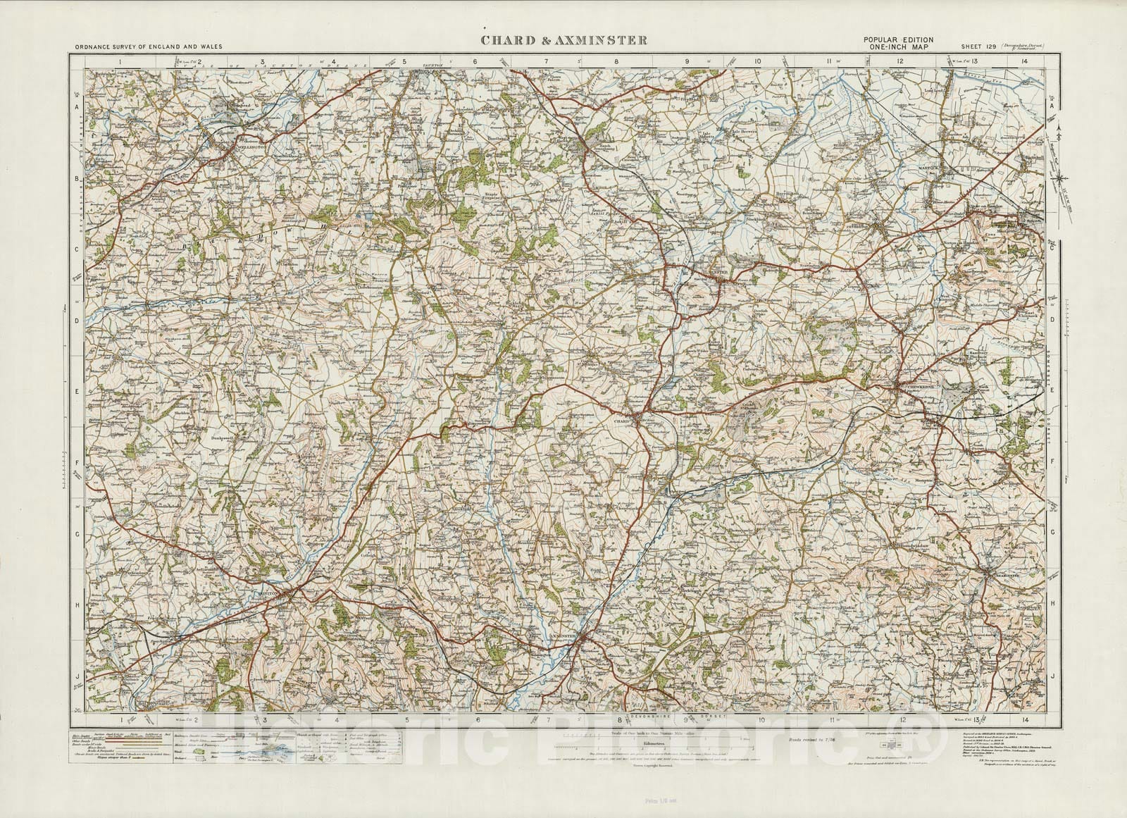 Historic Map : Sheet 129. Chard & Axminster. 1914 - Vintage Wall Art