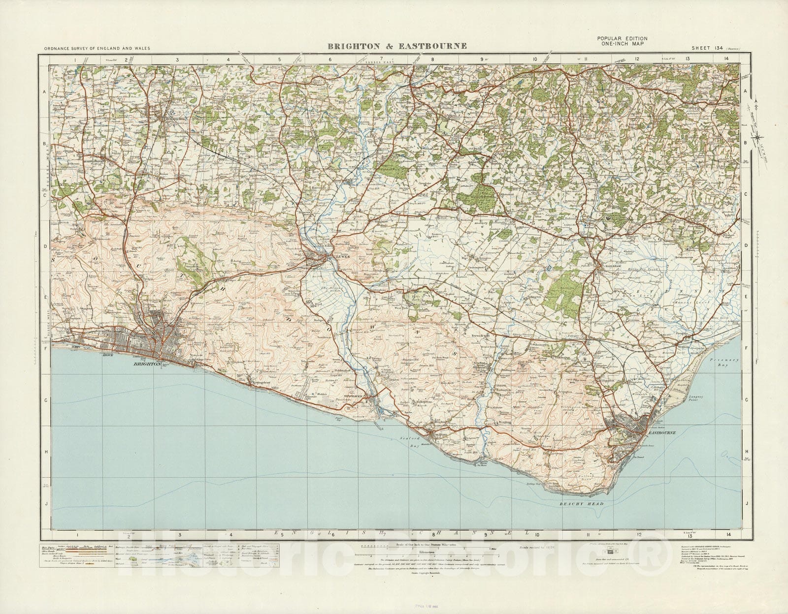 Historic Map : Sheet 134. Brighton & Eastbourne. 1916 - Vintage Wall Art