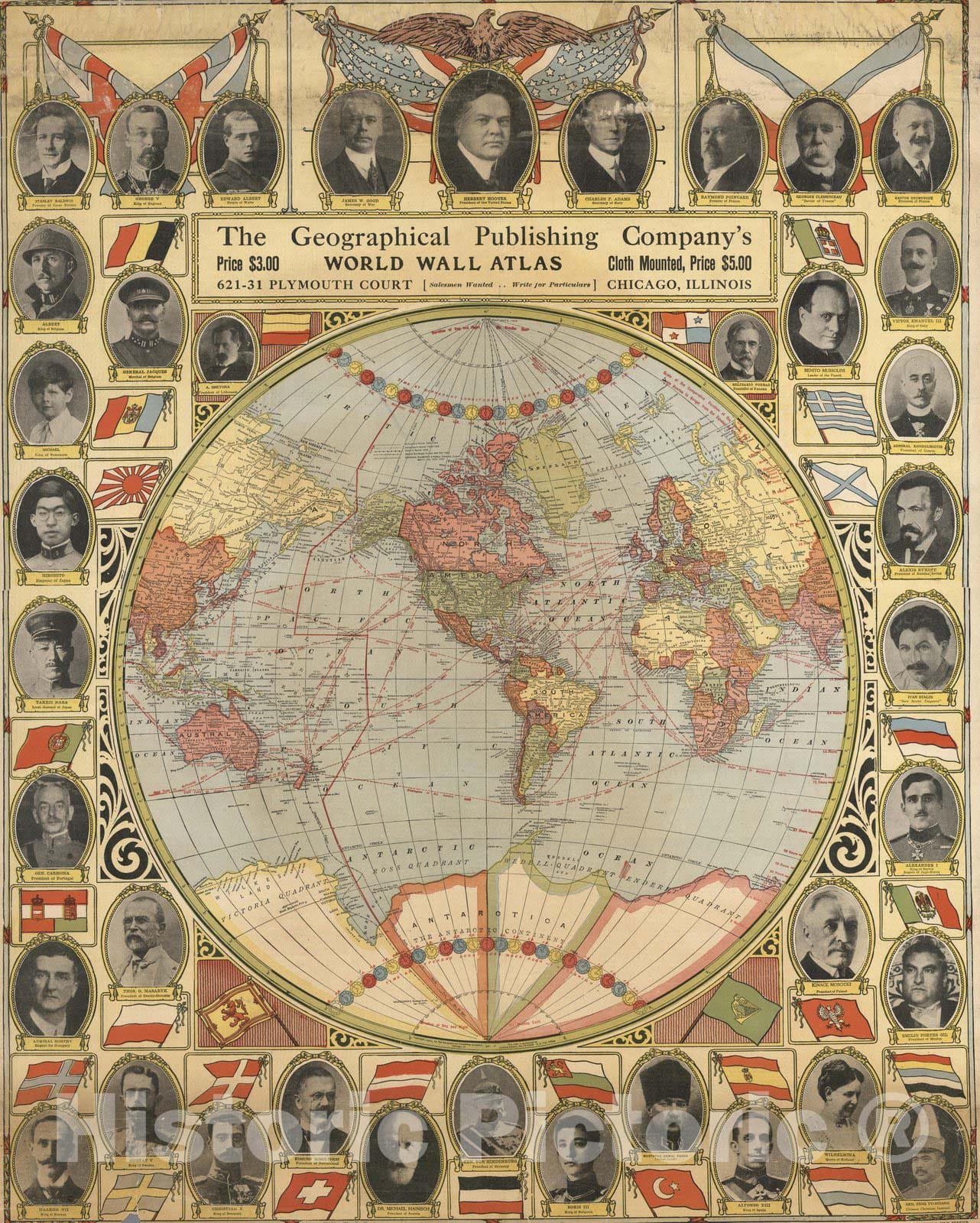 Historic Map : Wall Map, Entire World in One Hemisphere. Portraits: World Leaders. 1921 - Vintage Wall Art