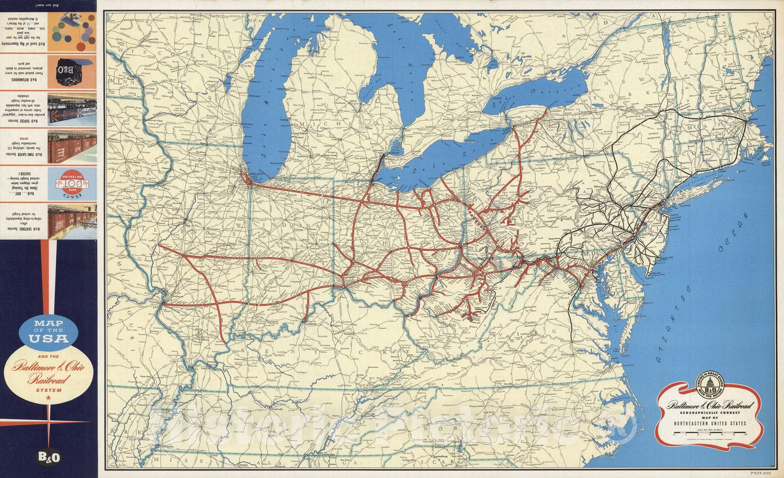 Historic Map : Baltimore & Ohio Railroad Geographically Correct Map of Northeastern United States, 1958 - Vintage Wall Art