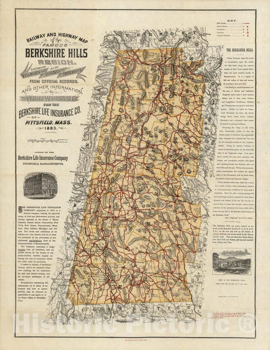 Historic Map - Railway and Highway Map of the Famous Berkshire Hills Region Showing Also Villages and Points of Interest From Official Records, 1883 - Vintage Wall Art