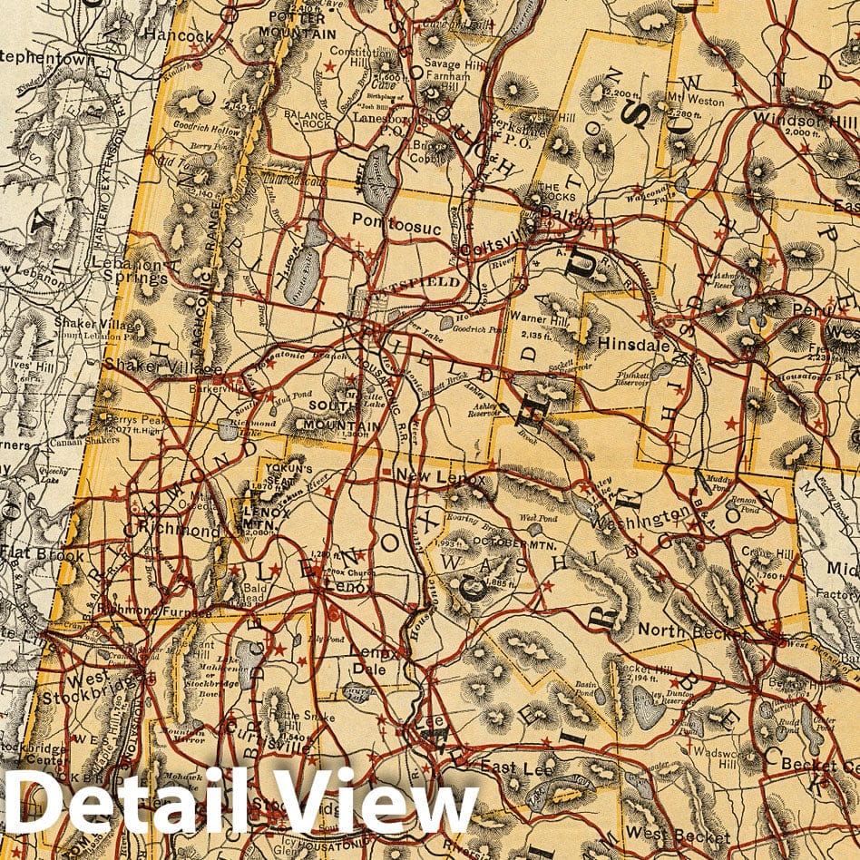Historic Map - Railway and Highway Map of the Famous Berkshire Hills Region Showing Also Villages and Points of Interest From Official Records, 1883 - Vintage Wall Art