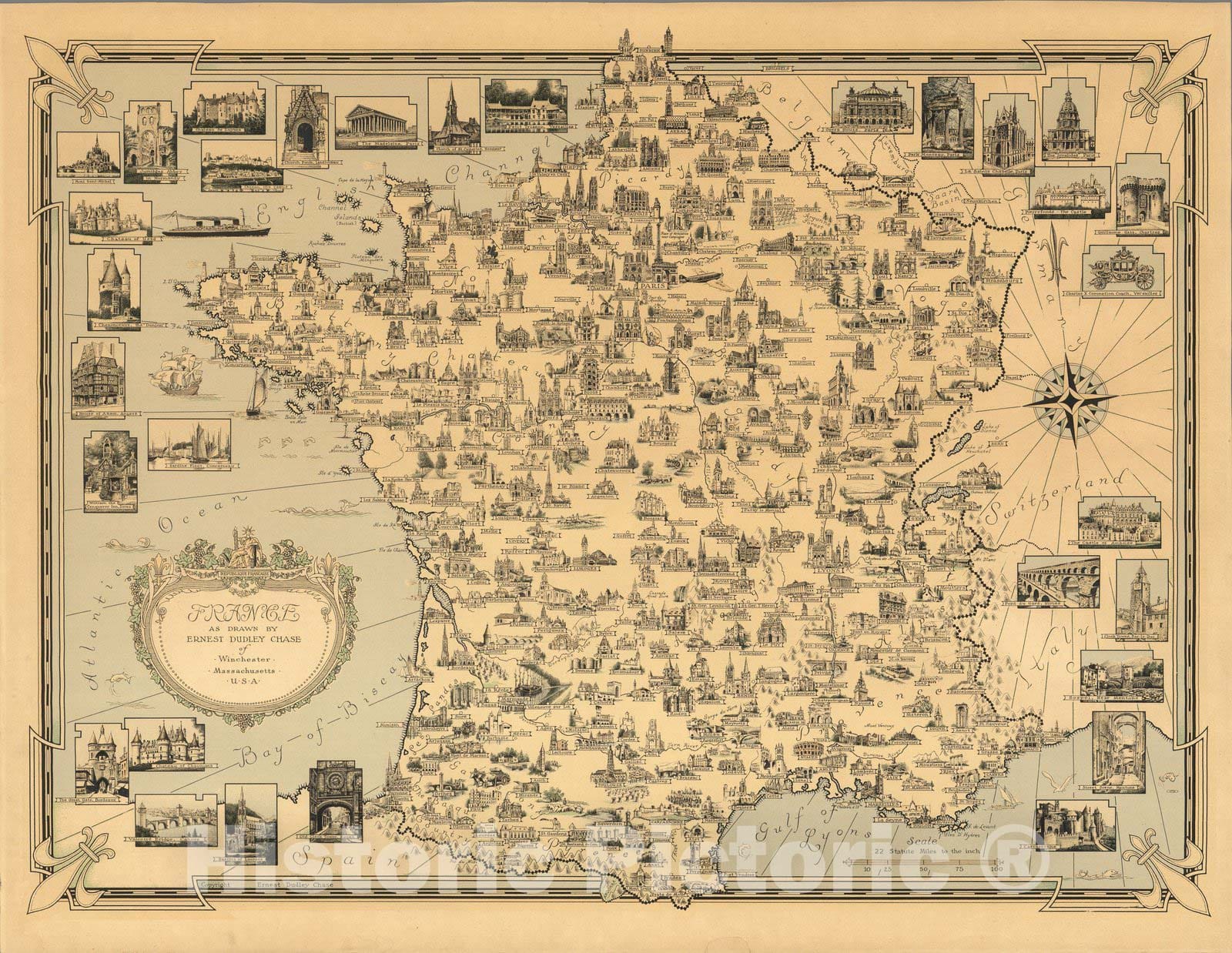 Historic Map : France: as drawn and published by Ernest Dudley Chase 1935 - Vintage Wall Art