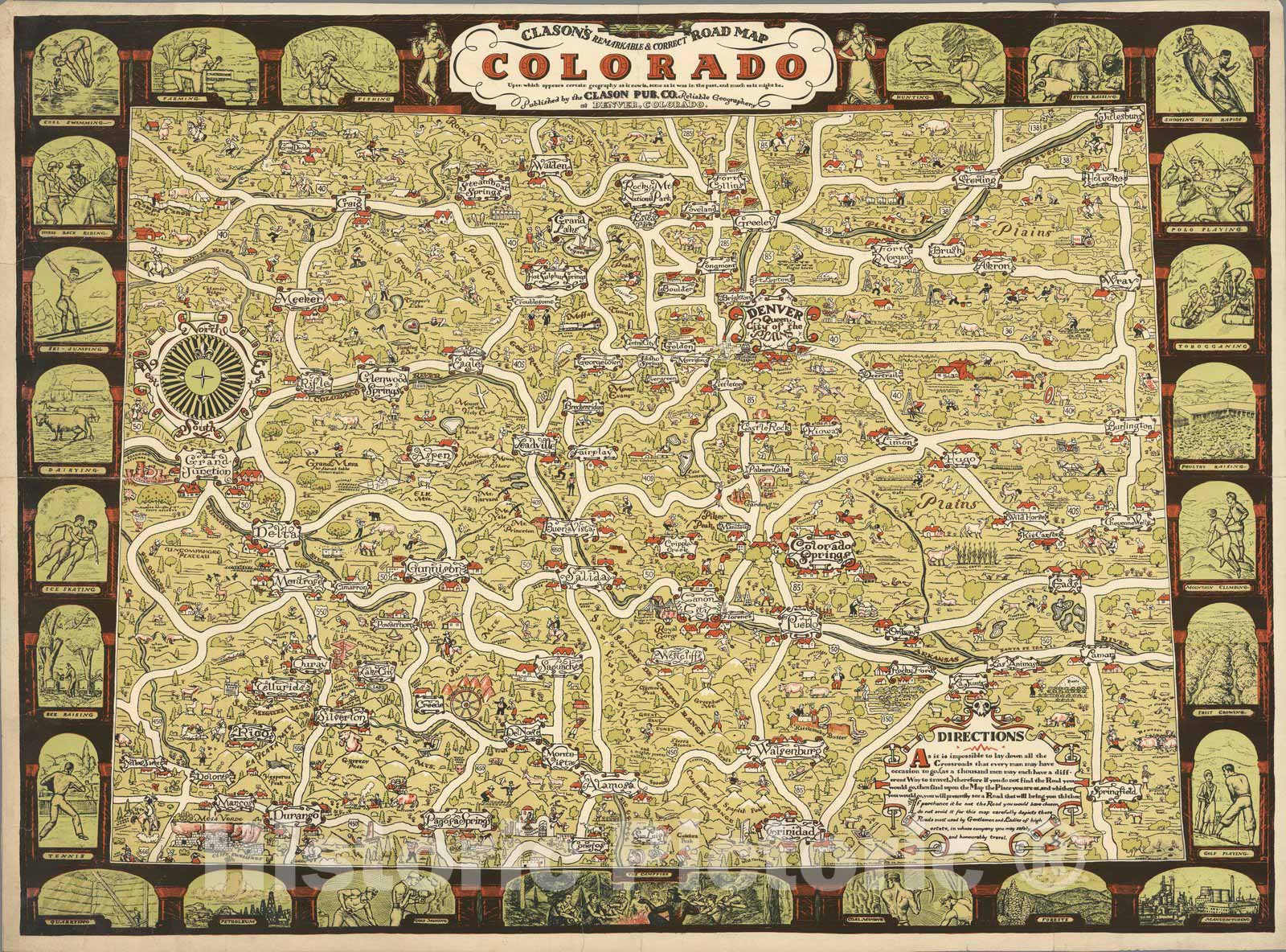 Historic Map : Clason's Road Map - Colorado, 1930 - Vintage Wall Art