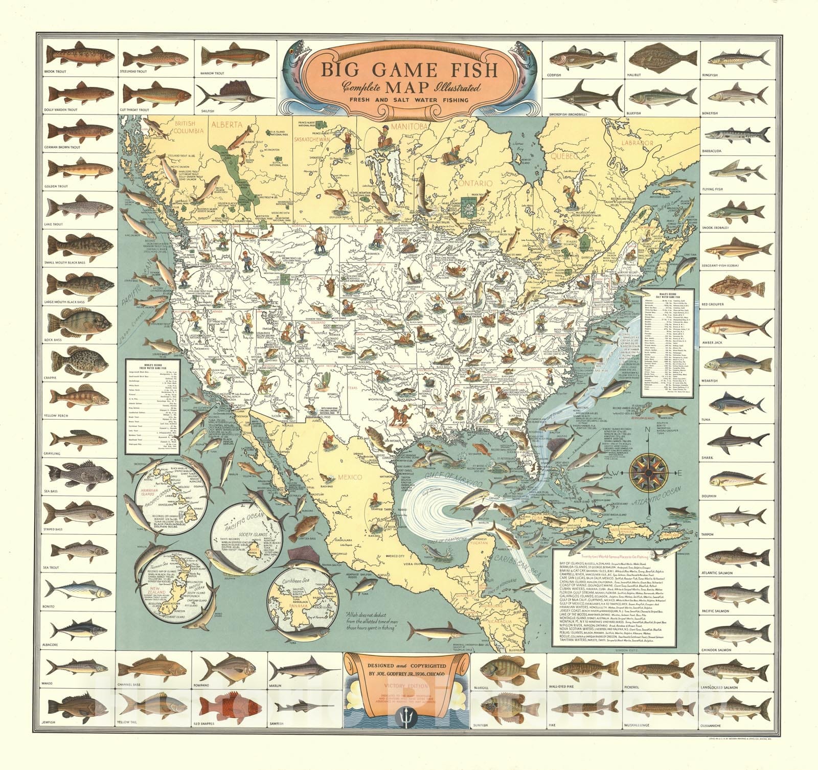 Big Game Fish, Complete Map Illustrated, Fresh and Salt Water Fishing, -  Historic Pictoric