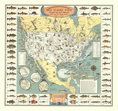 Big Game Fish, Complete Map Illustrated, Fresh and Salt Water Fishing, 1936 - Vintage Wall Art