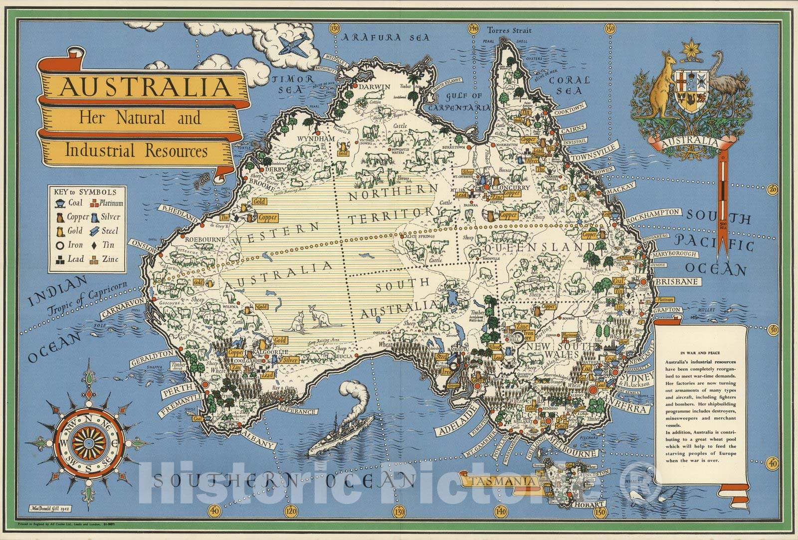 Historic Map : Australia: her natural and industrial resources 1942 - Vintage Wall Art