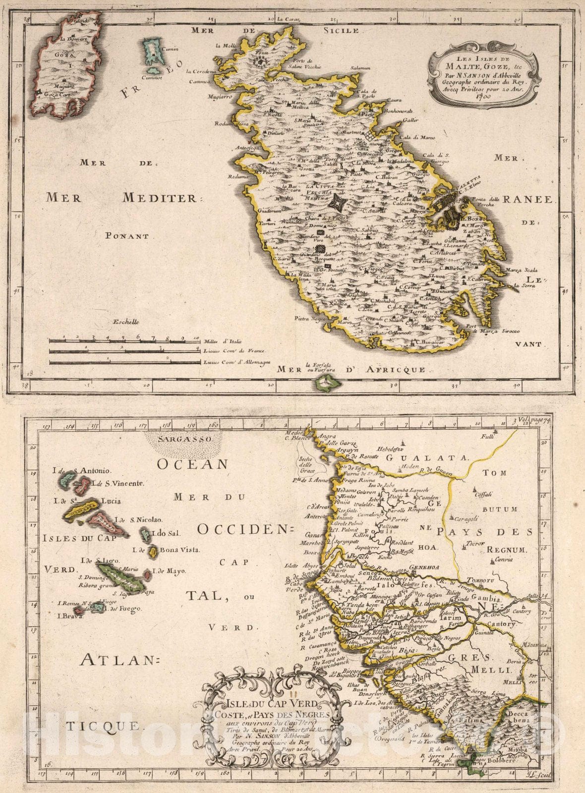Historic Map : World Atlas Map, Isles of Malta, Gozo, and Cape Verde, and the Country of the Negroes. 1700 - Vintage Wall Art