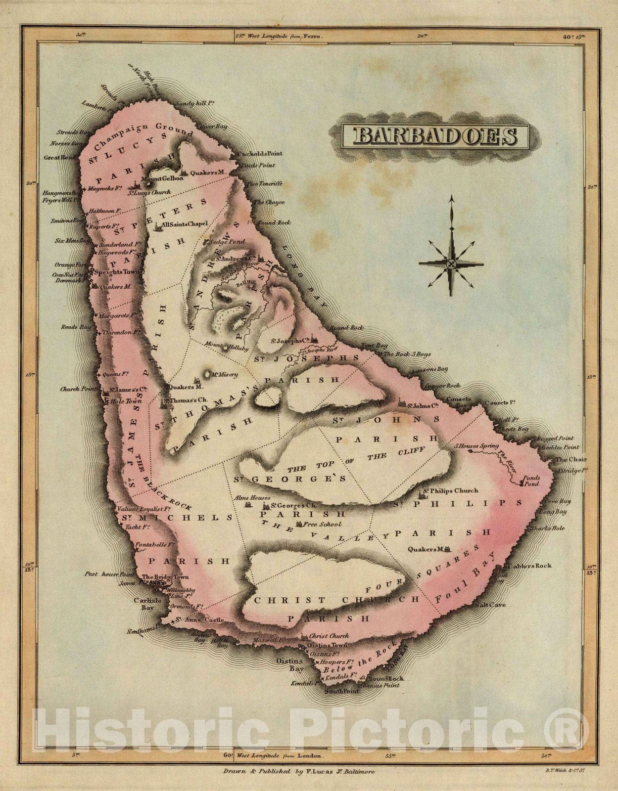 Historic Map : World Atlas Map, Barbadoes. 1823 - Vintage Wall Art
