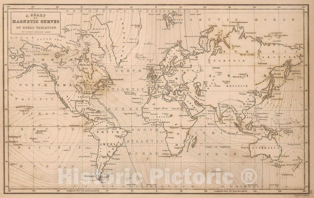Historic Map - Atlas Map, Chart of Magnetic Curves of Equal Variation. 1841, - Vintage Wall Art