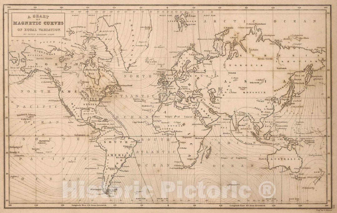 Historic Map - Atlas Map, Chart of Magnetic Curves of Equal Variation. 1841, - Vintage Wall Art