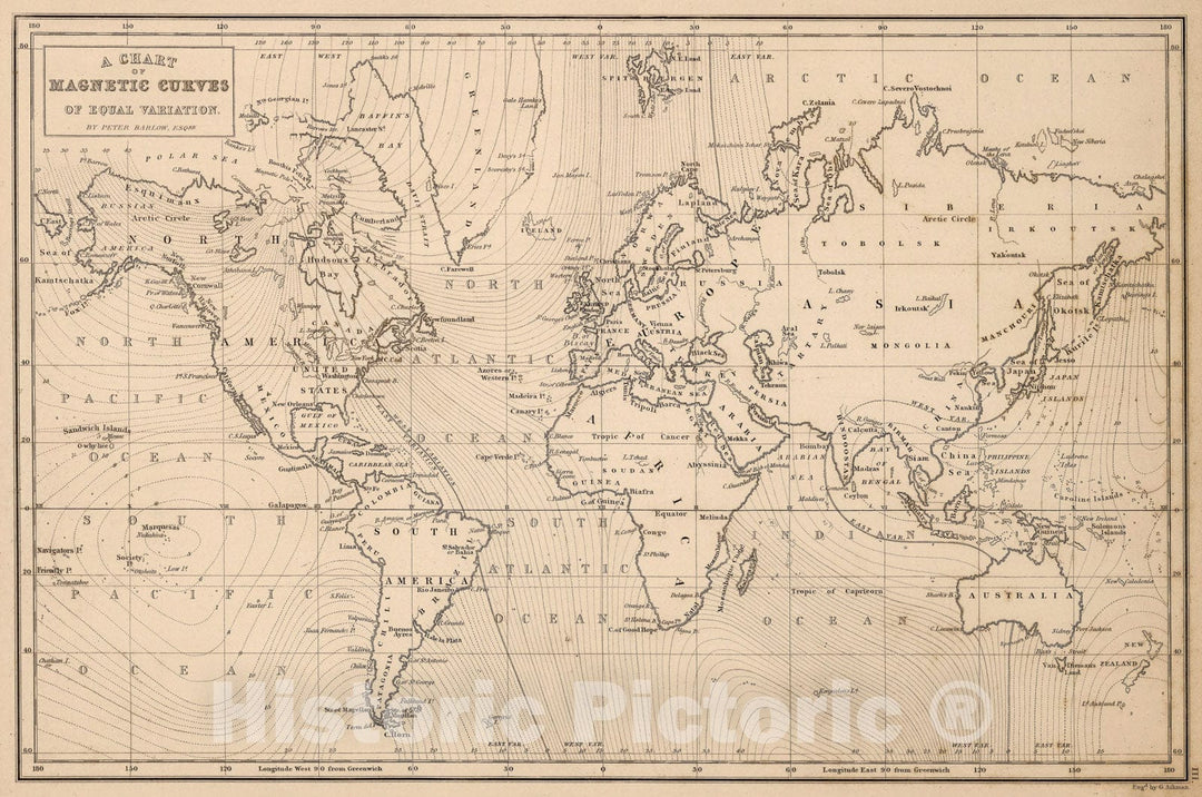 Historic Map - Atlas Map, Chart of Magnetic Curves of Equal Variation. 1841, - Vintage Wall Art
