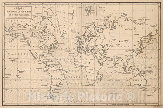 Historic Map - Atlas Map, Chart of Magnetic Curves of Equal Variation. 1841, - Vintage Wall Art