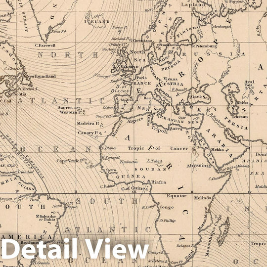 Historic Map - Atlas Map, Chart of Magnetic Curves of Equal Variation. 1841, - Vintage Wall Art