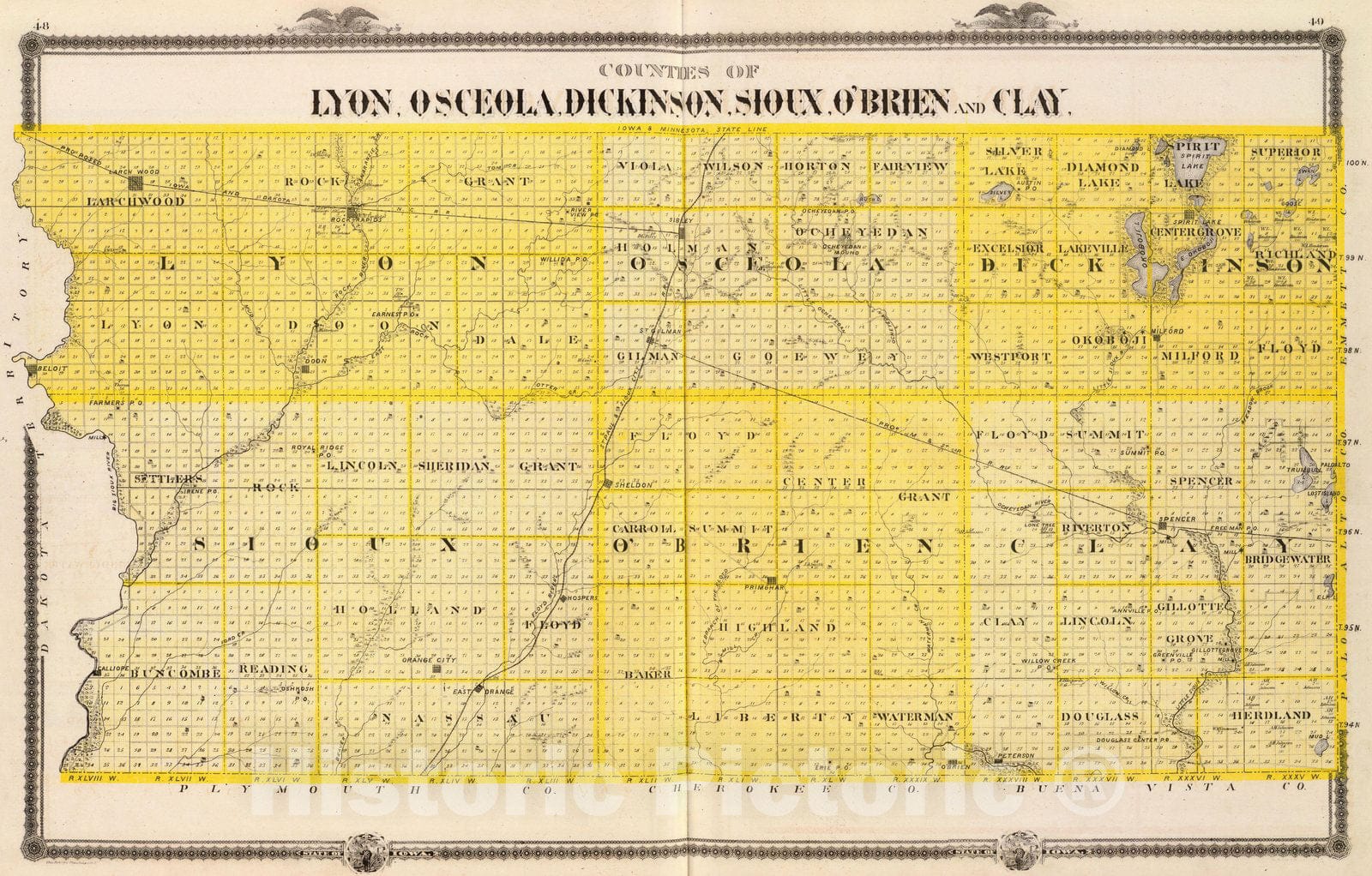 Historic Map : State Atlas Map, Counties of Lyon, Osceola, Dickinson, Sioux, O'Brien and Clay, State of Iowa. 1875 - Vintage Wall Art