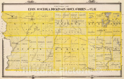 Historic Map : State Atlas Map, Counties of Lyon, Osceola, Dickinson, Sioux, O'Brien and Clay, State of Iowa. 1875 - Vintage Wall Art