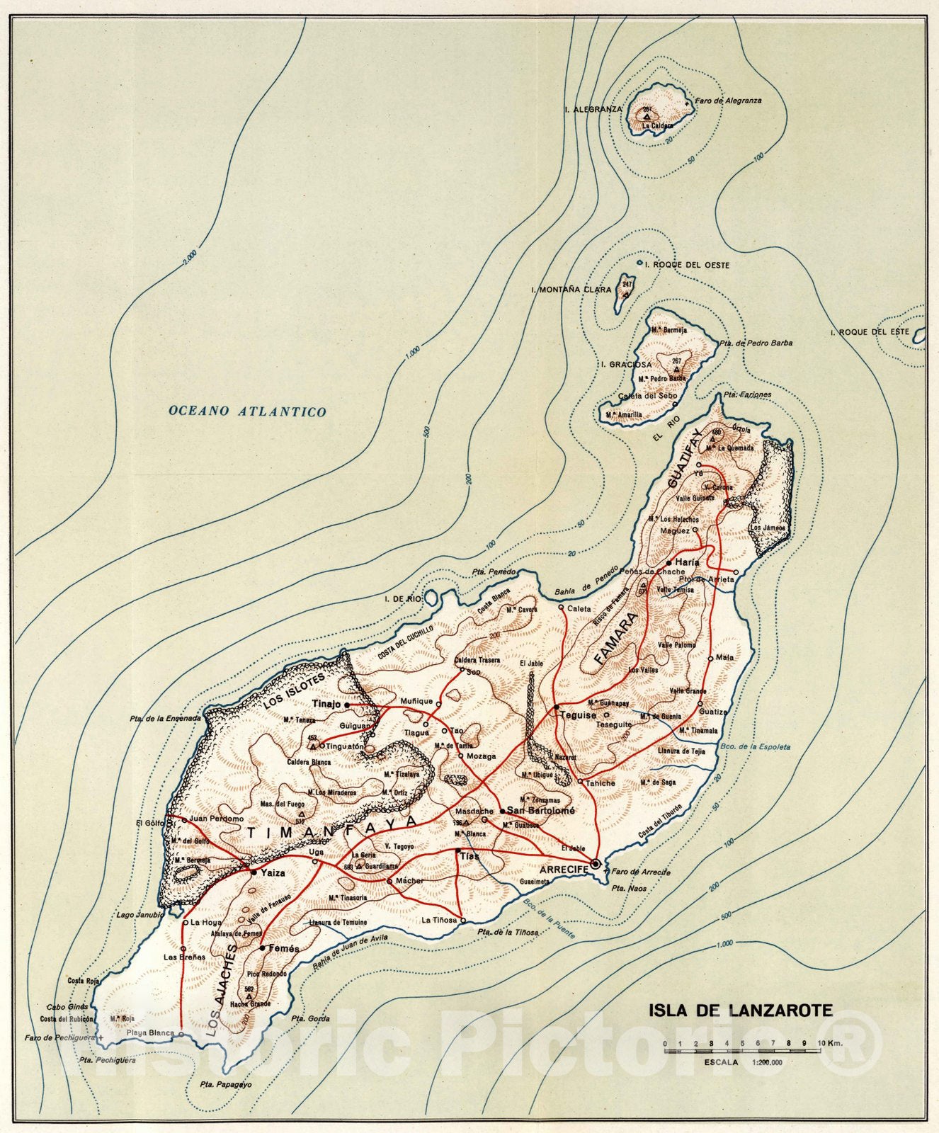 Historic Map : Isla de Lanzarote (Canary Islands) Geography Book, Isla de Lanzarote. 1953 , Vintage Wall Art