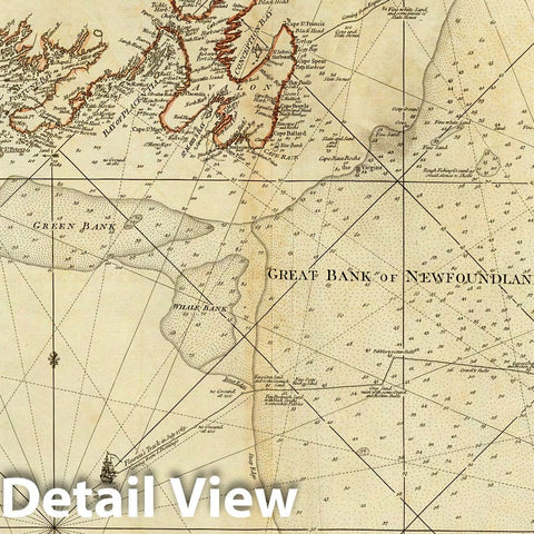 Historic Wall Map : A Chart of The Banks of Newfoundland 1776 - Vintage Wall Art