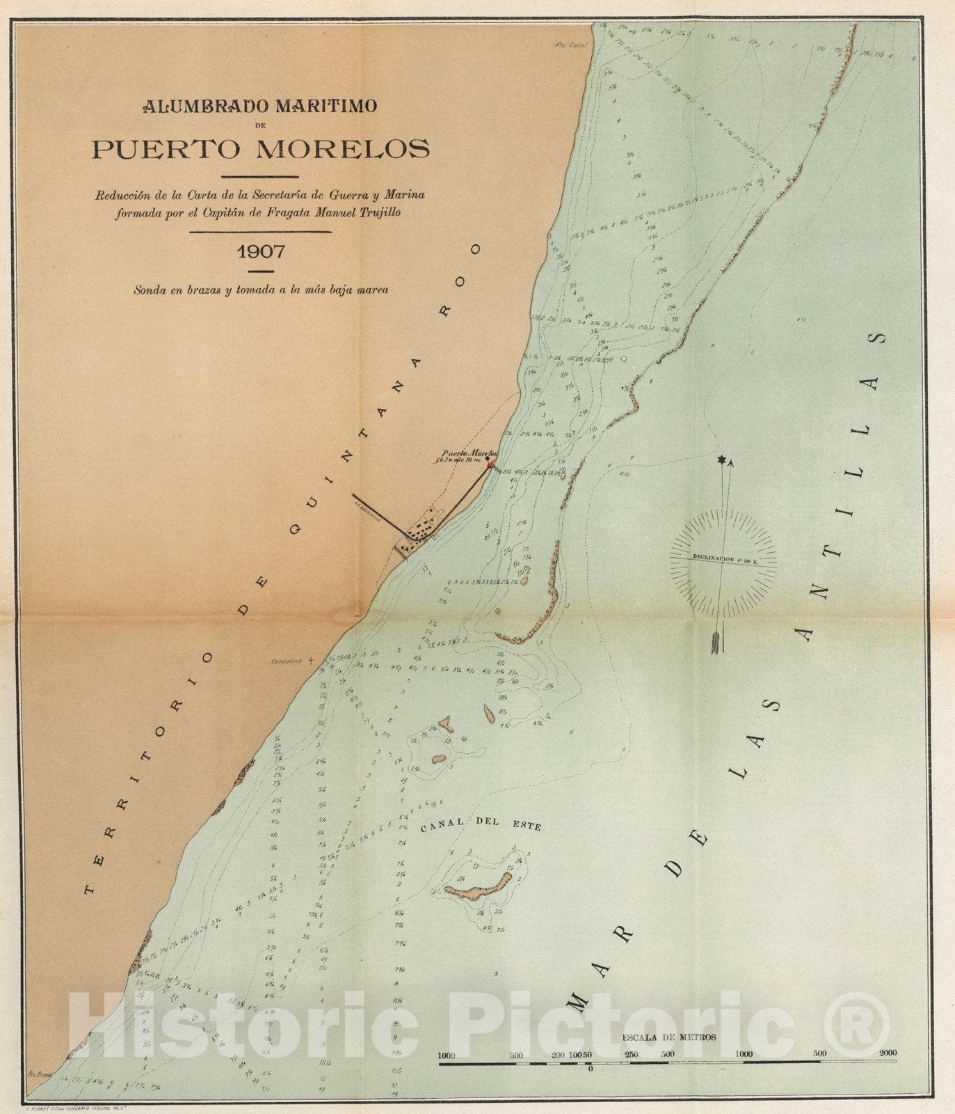 Historic Map : Mexico, Chart Map, Alumbrado maritimo de Puetro Morelos. 1907 1907 , Vintage Wall Art