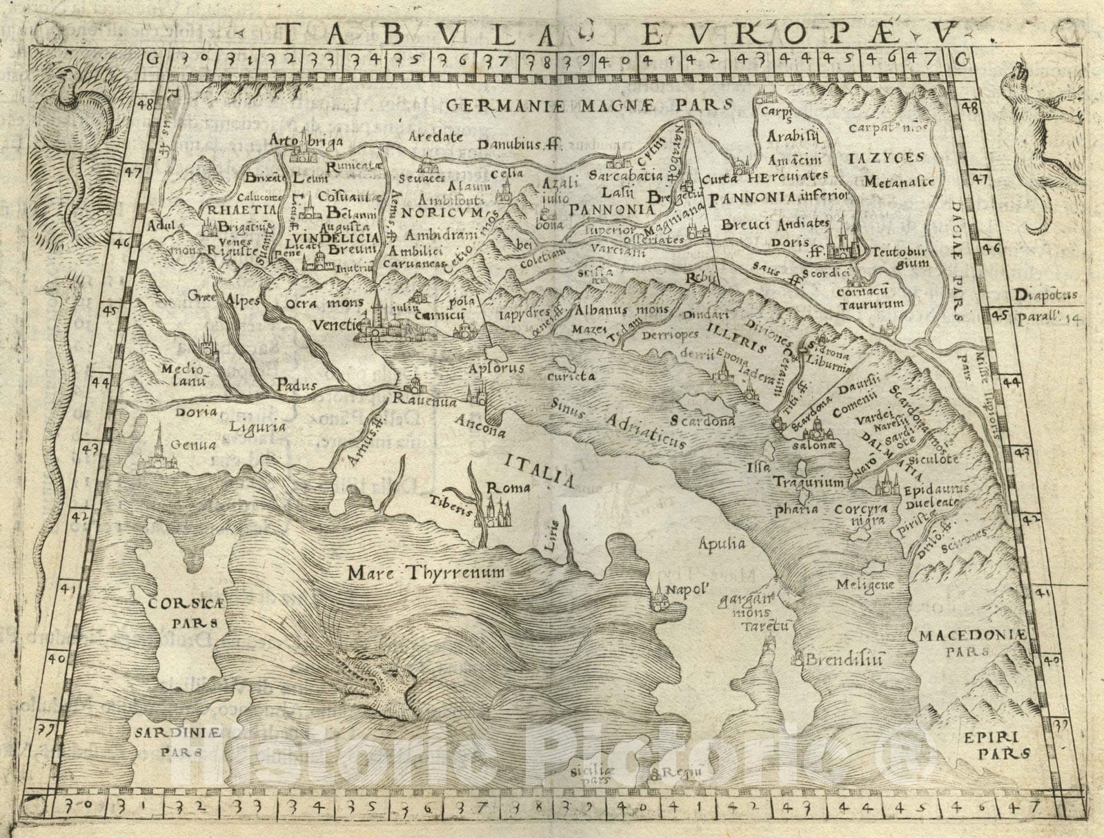 Historic Wall Map : Italy, Europe, SouthernTabula Europae V 1548 , Vintage Wall Art