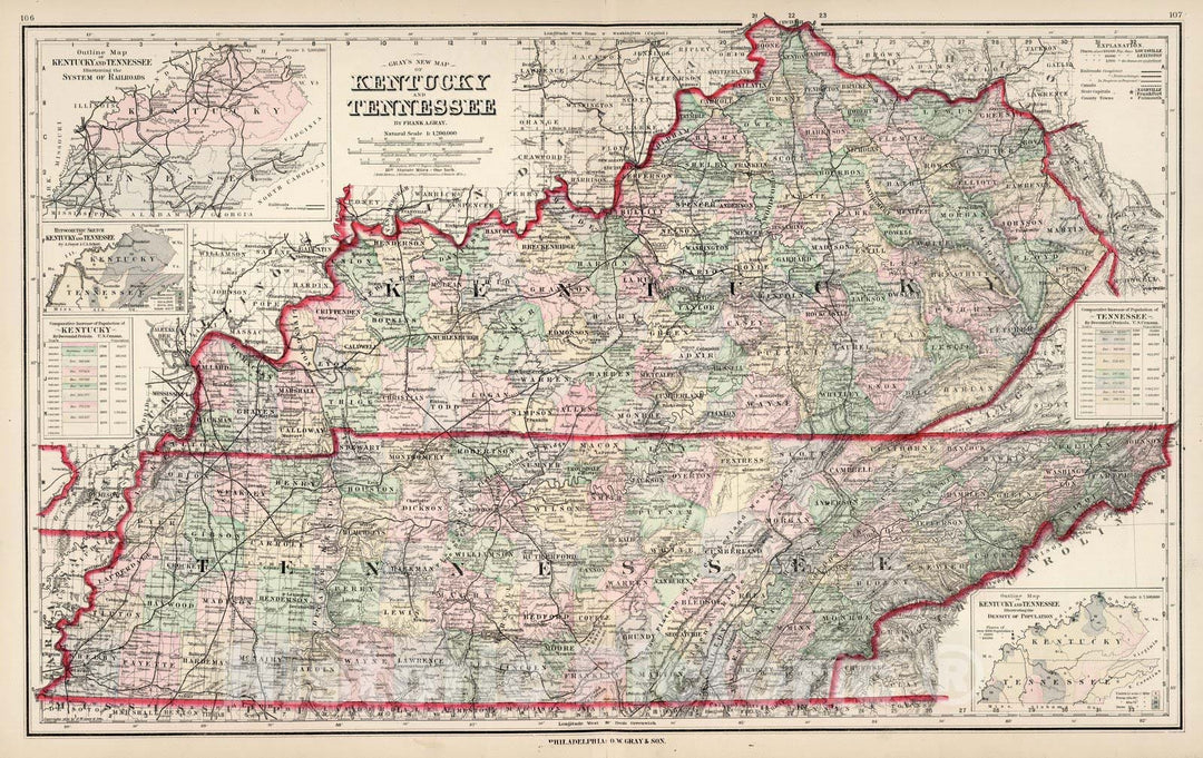 Historic Map : Kentucky and Tennessee. 1876 - Vintage Wall Art