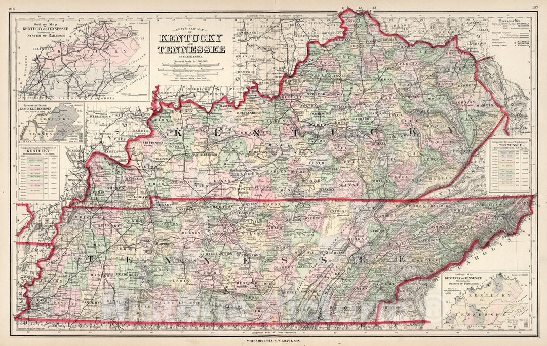 Historic Map : Kentucky and Tennessee. 1876 - Vintage Wall Art