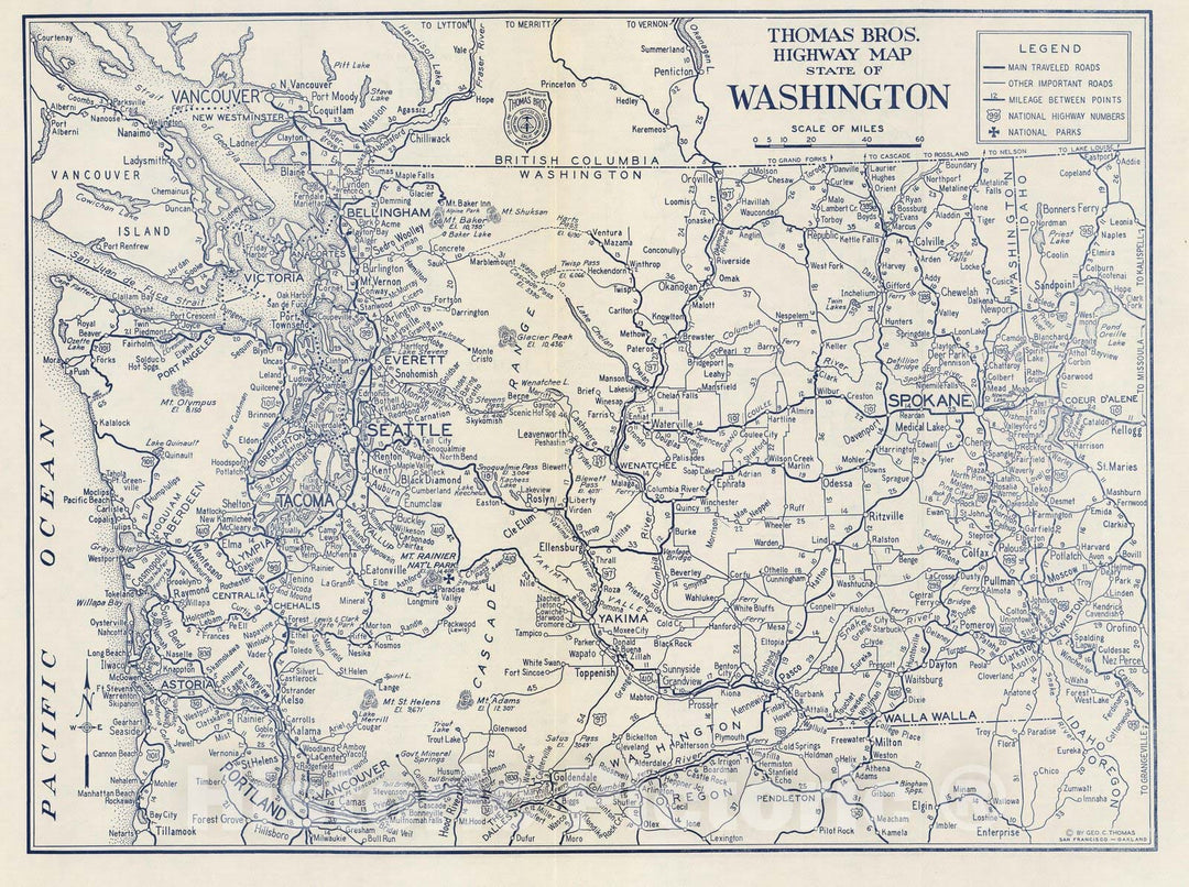 Historic Map : Thomas Bros. Highway Map, State of Washington, 1938 - Vintage Wall Art