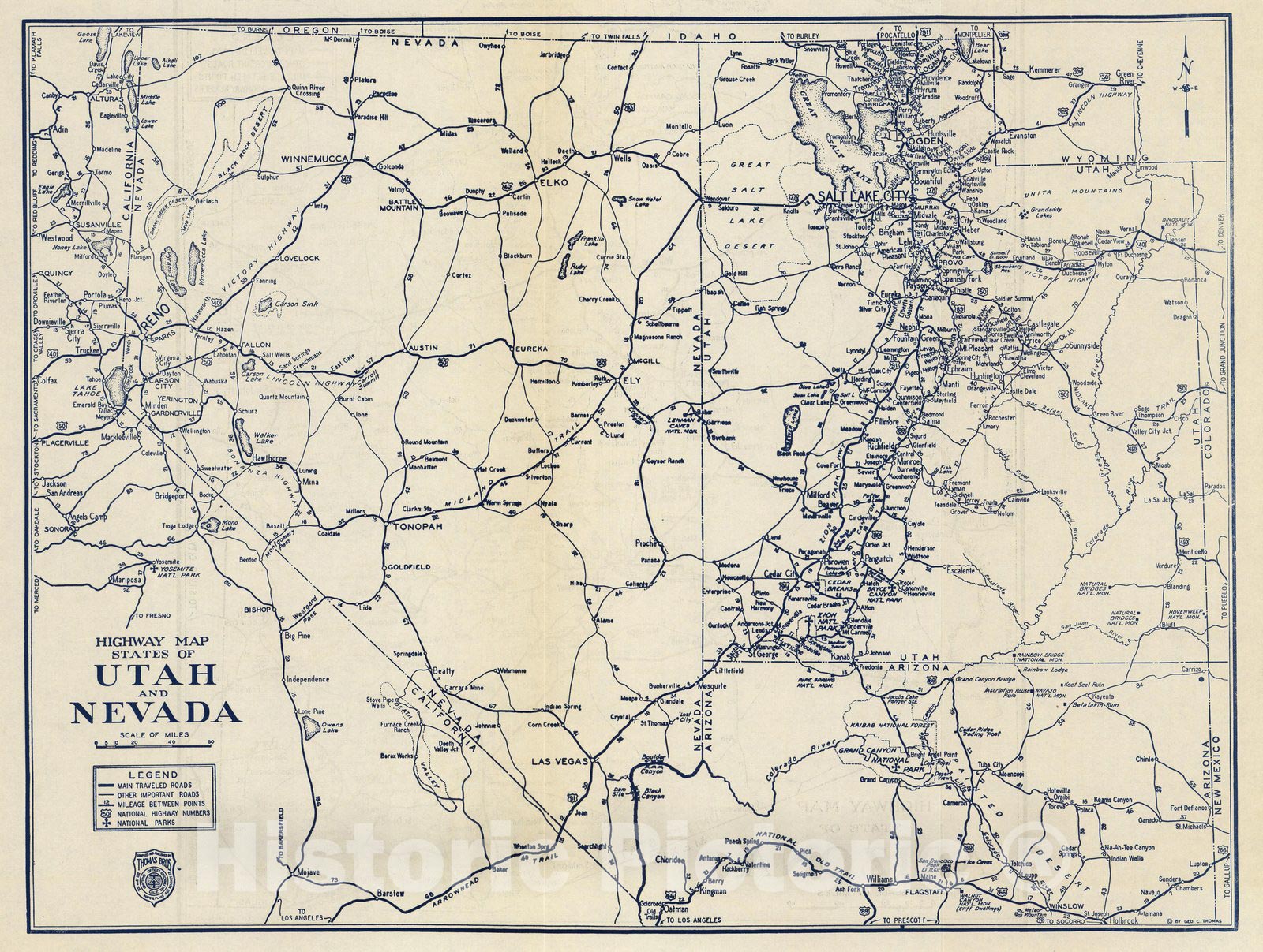 Historic Map : Highway Map States of Utah and Nevada, 1938 - Vintage Wall Art