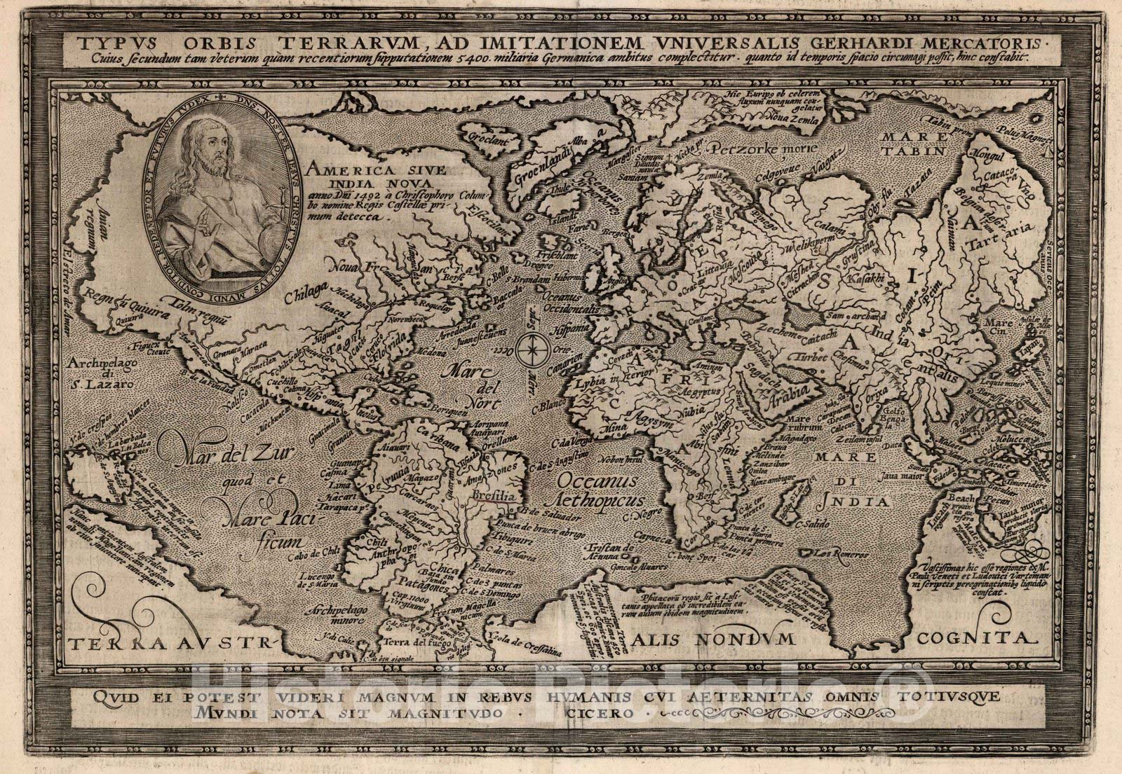 Historic Map : World Atlas Map, 1. Typys Orbis Terrarum, ad imitationem universalis Gerhardi Mercatoris. 1600 - Vintage Wall Art