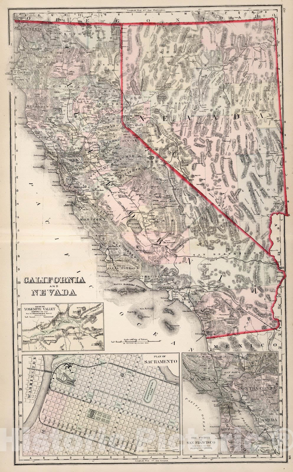 Historic Map : California and Nevada. 1884 - Vintage Wall Art