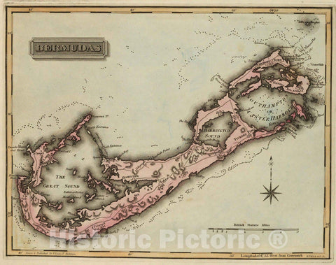 Historic Wall Map : Bermuda,Bermudas. 1823 , Vintage Wall Art