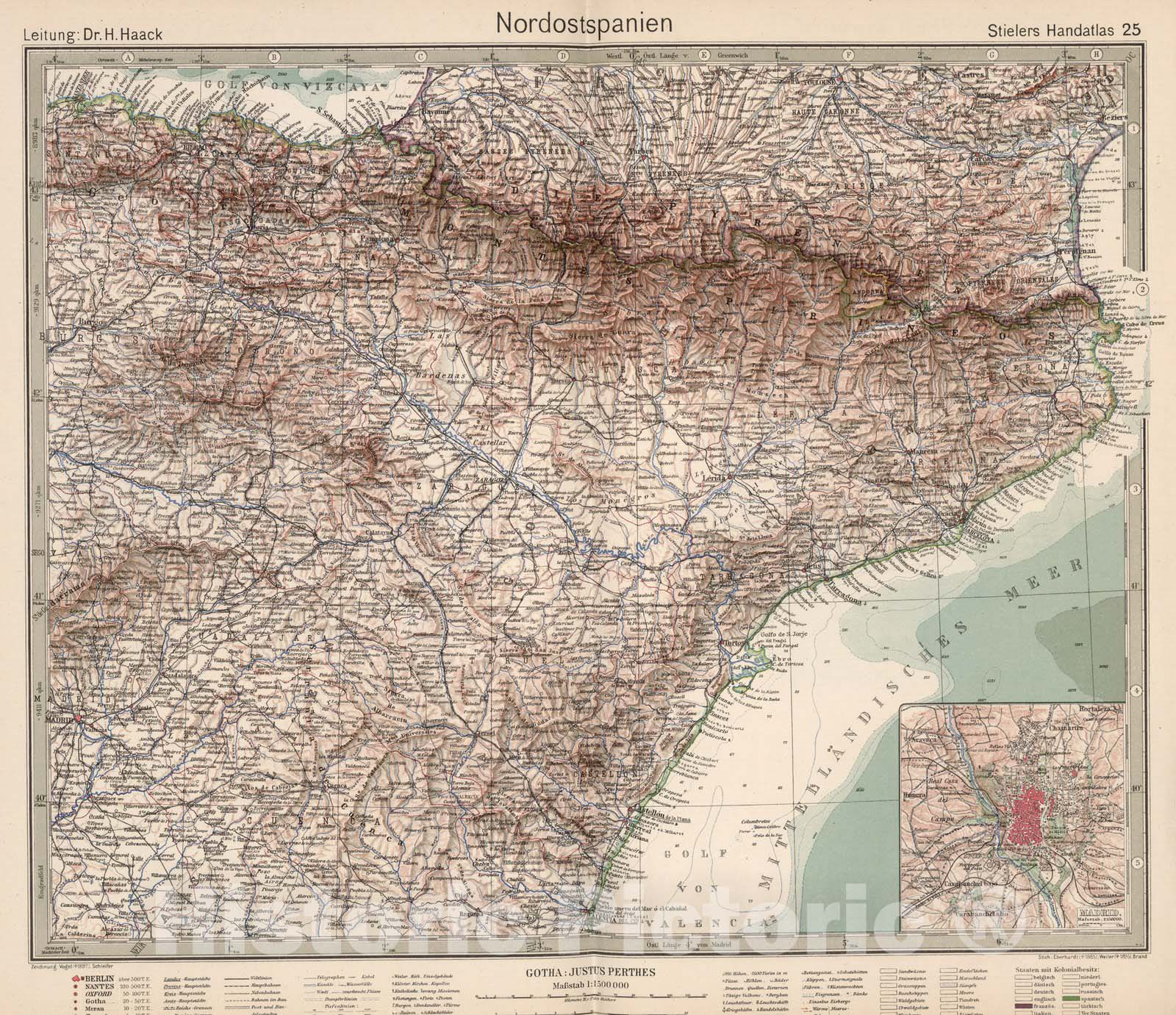 Historic Map : World Atlas Map, 25. Nordostspanien. Northeast Spain. 1925 - Vintage Wall Art