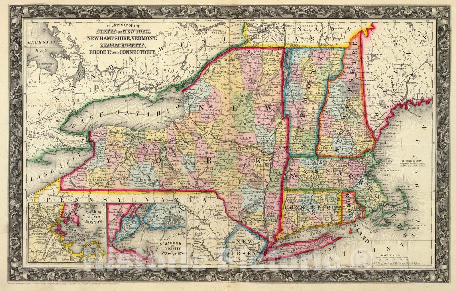 Historic Map - County Map of the States of New York, New Hampshire, Vermont, Massachusetts, Rhode Id. And Connecticutt, 1865, Samuel Augustus Mitchell Jr. v3