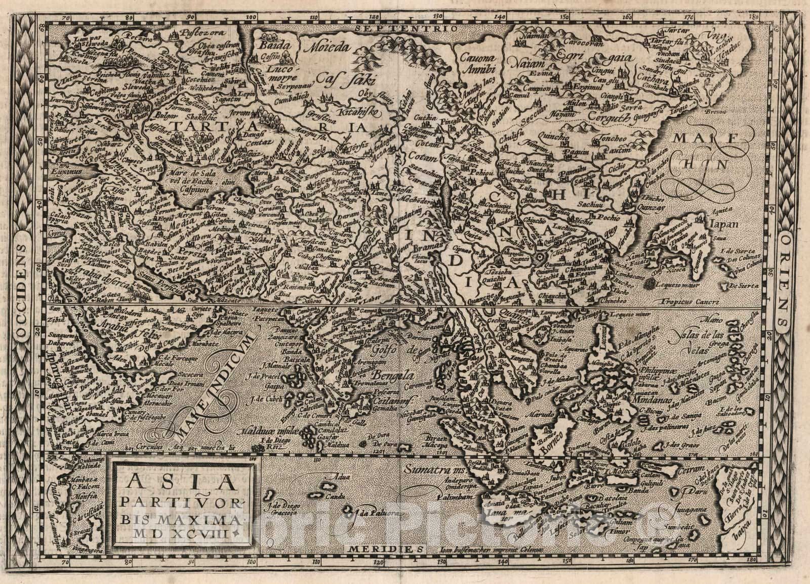 Historic Map : World Atlas Map, 4. Asia partium orbis maxima MDXCVIII. 1600 - Vintage Wall Art