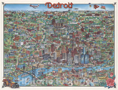 Historic Map : Detroit. City design Print. Produced and Published by Archar Inc. 1977 - Vintage Wall Art