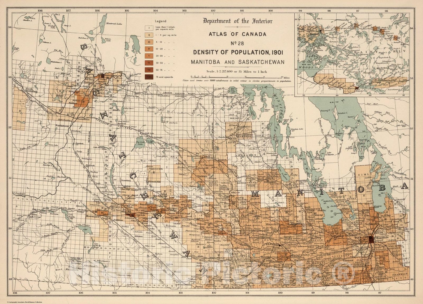 Historic Map No. 28, Density of population, 1901; Manitoba and Saska