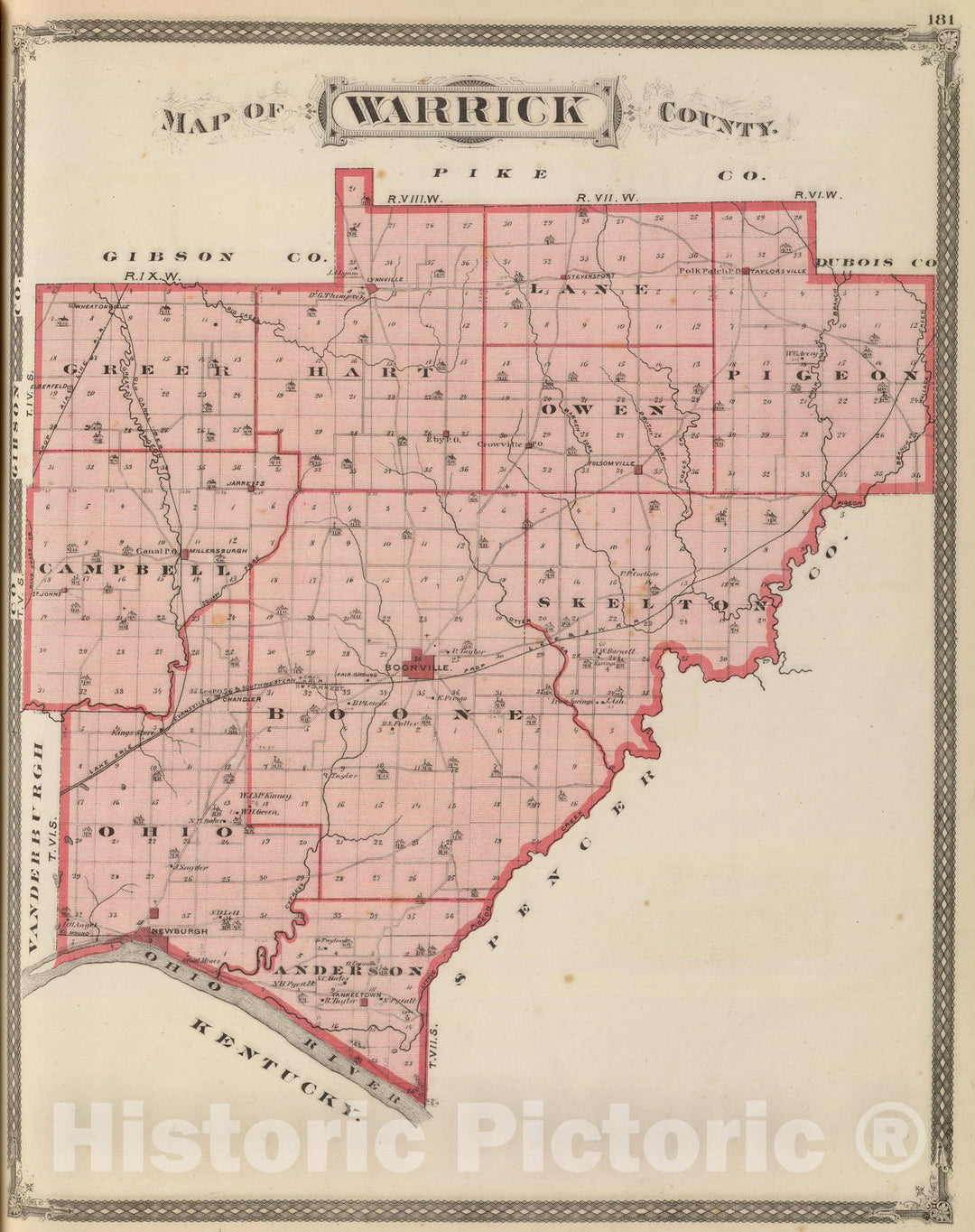 Historic Map : Map of Warrick County, 1876 - Vintage Wall Art