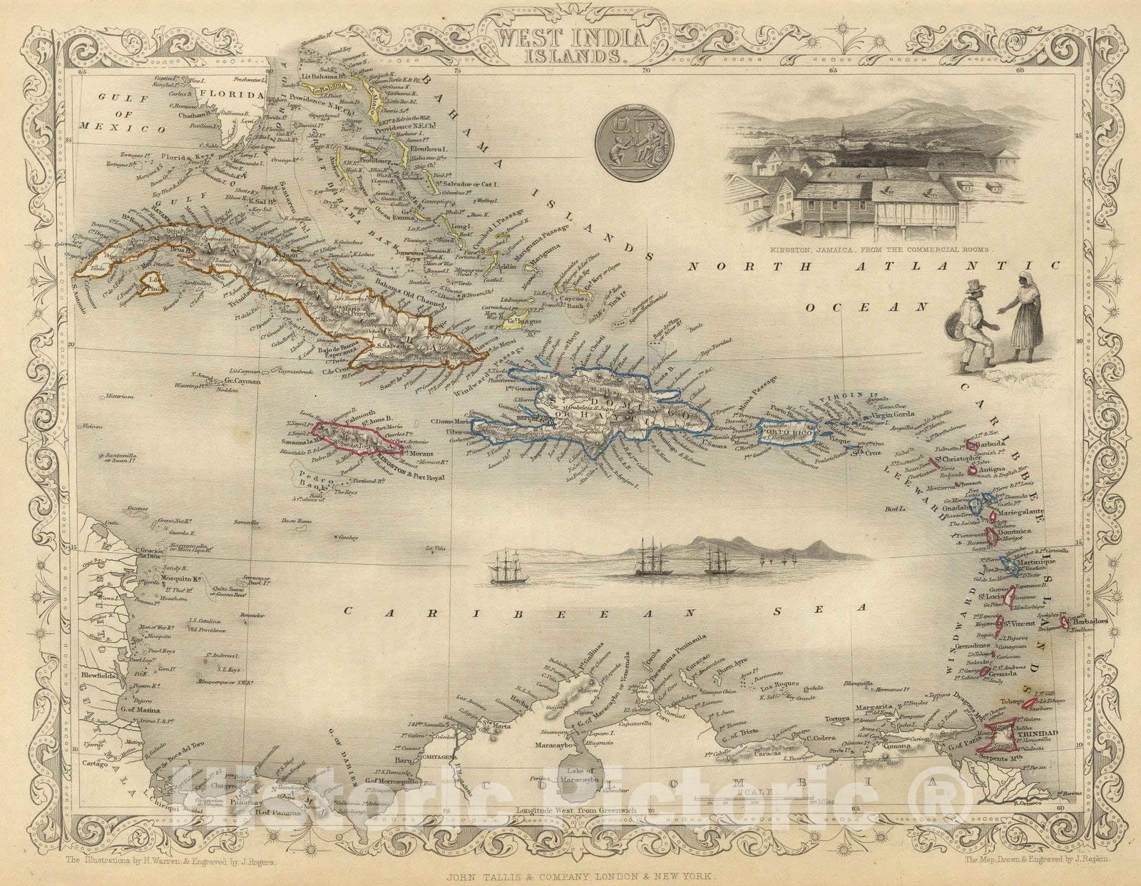 Historic Map : World Atlas Map, West India Islands. 1851 - Vintage Wall Art