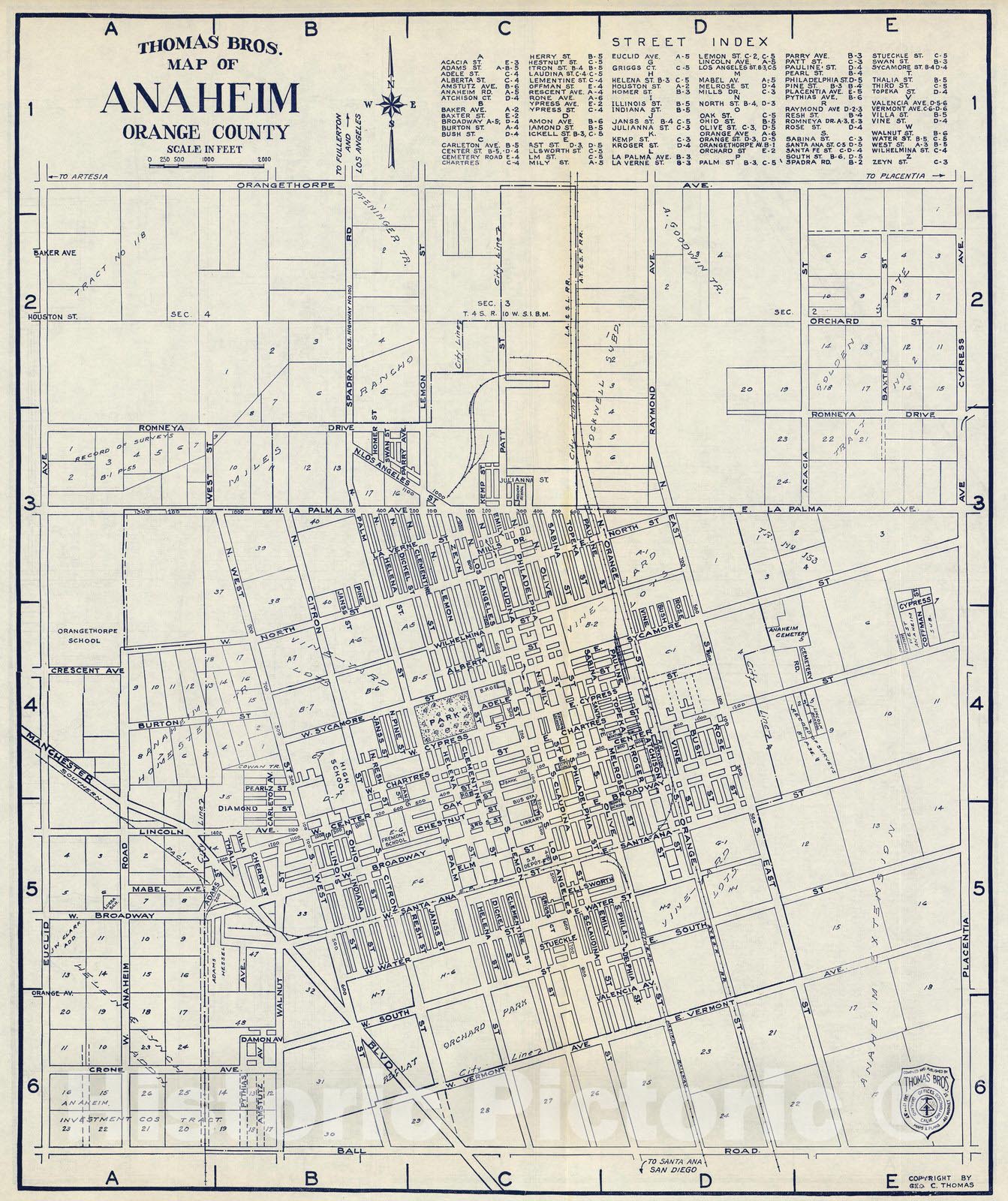Historic Map - Thomas Bros. Map of Anaheim, Orange County, California, 1938 - Vintage Wall Art