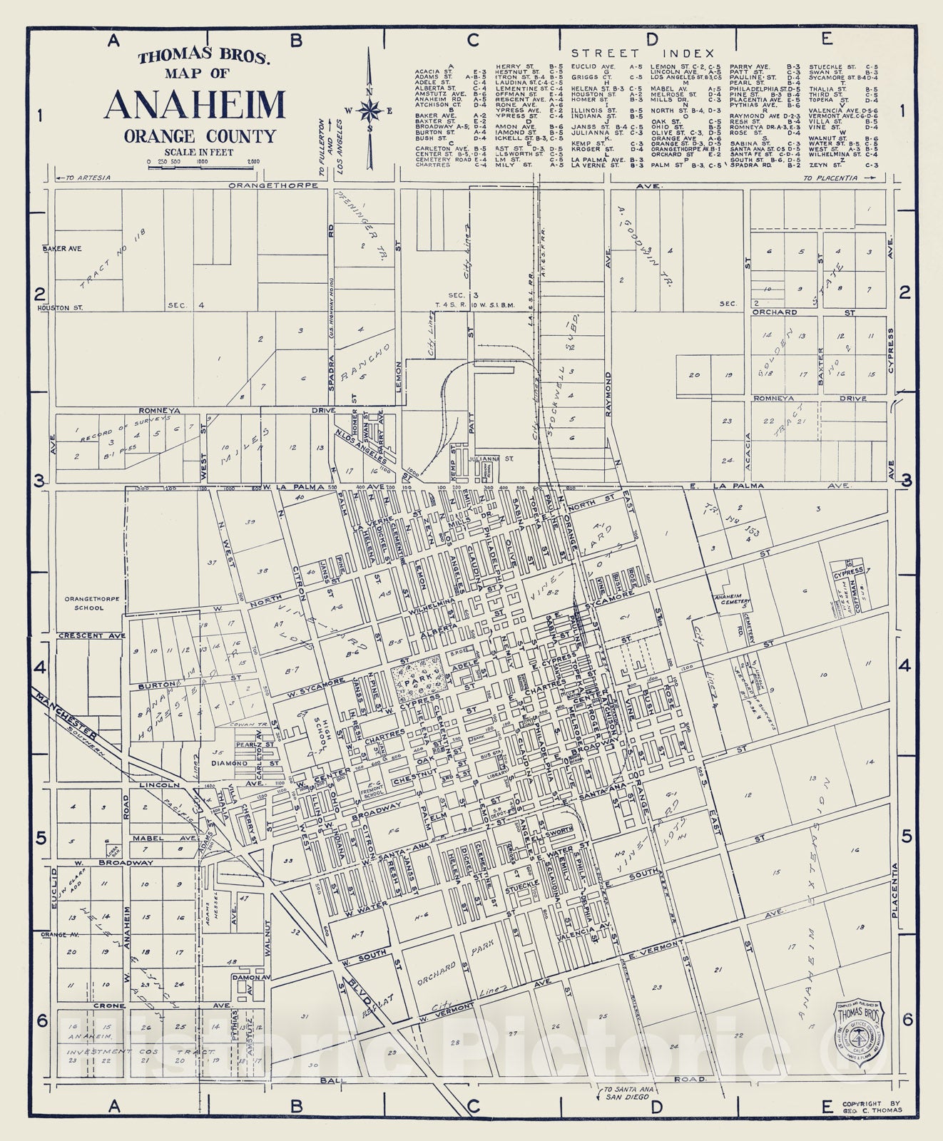 Historic Map - Thomas Bros. Map of Anaheim, Orange County, California, 1938 - Vintage Wall Art