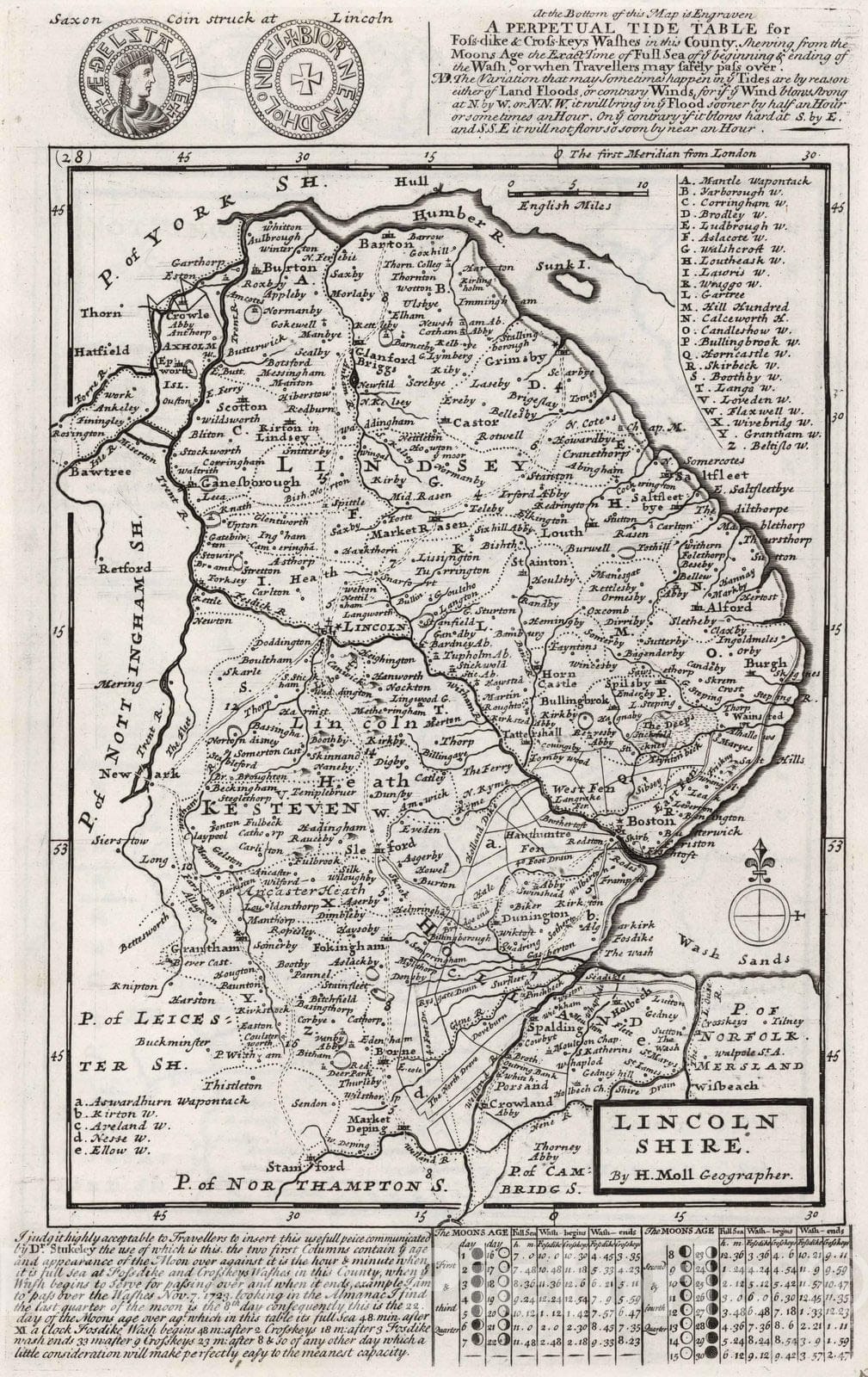 Historic Map : Lincolnshire. By H. Moll Geographer 1724 - Vintage Wall Art