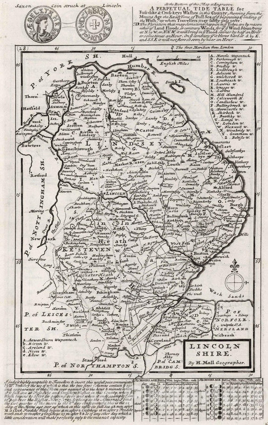 Historic Map : Lincolnshire. By H. Moll Geographer 1724 - Vintage Wall Art