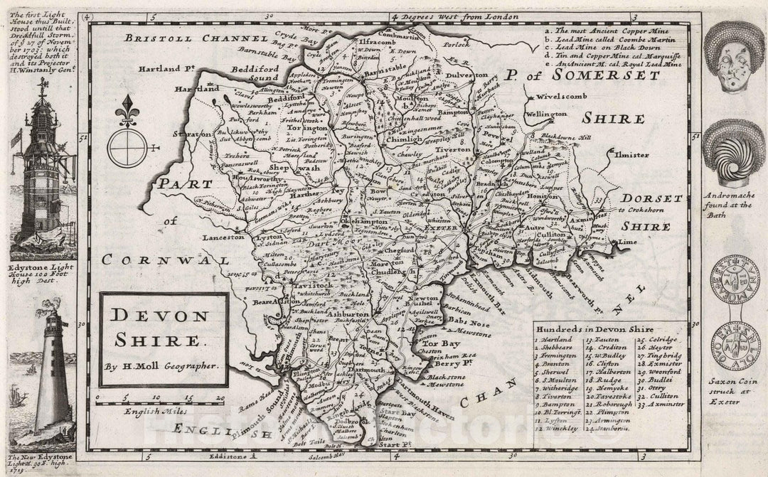 Historic Map : Devon Shire. By H.Moll Geographer 1724 - Vintage Wall Art
