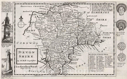 Historic Map : Devon Shire. By H.Moll Geographer 1724 - Vintage Wall Art
