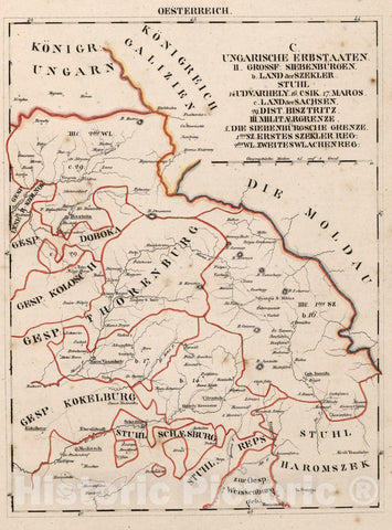 Historic Map : Austria, V.3:11-15:XII: 2. Oesterreich. C. Ungarische erbstaaten, II. Grossf: Siebenburgen 1828 , Vintage Wall Art