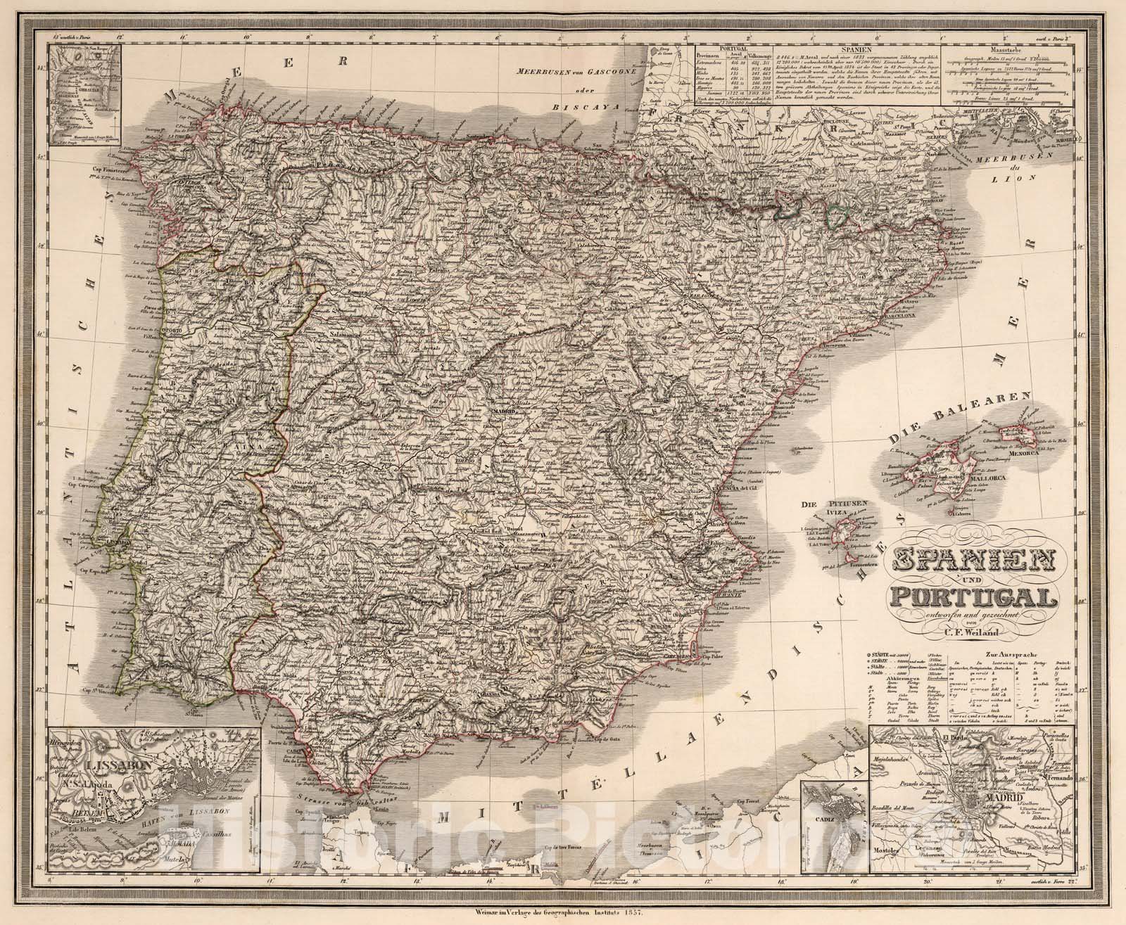 Historic Map : Spain, Lisbon Region (Portugal)Spanien und Portugal 1857 , Vintage Wall Art