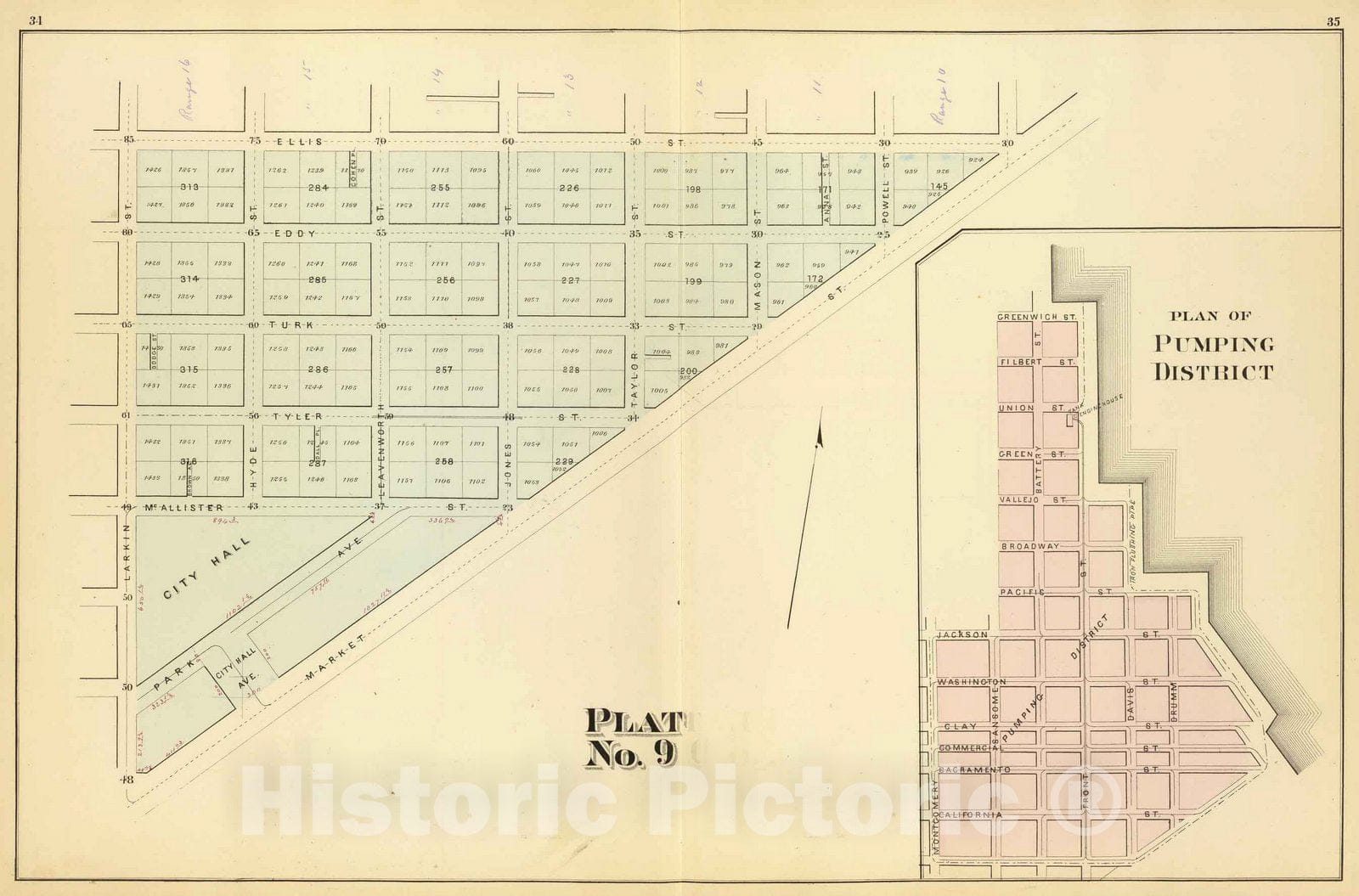 Historic Map : San Francisco (Calif.), City Atlas Map, Plat 9; Pumping dist. 1876 - Vintage Wall Art