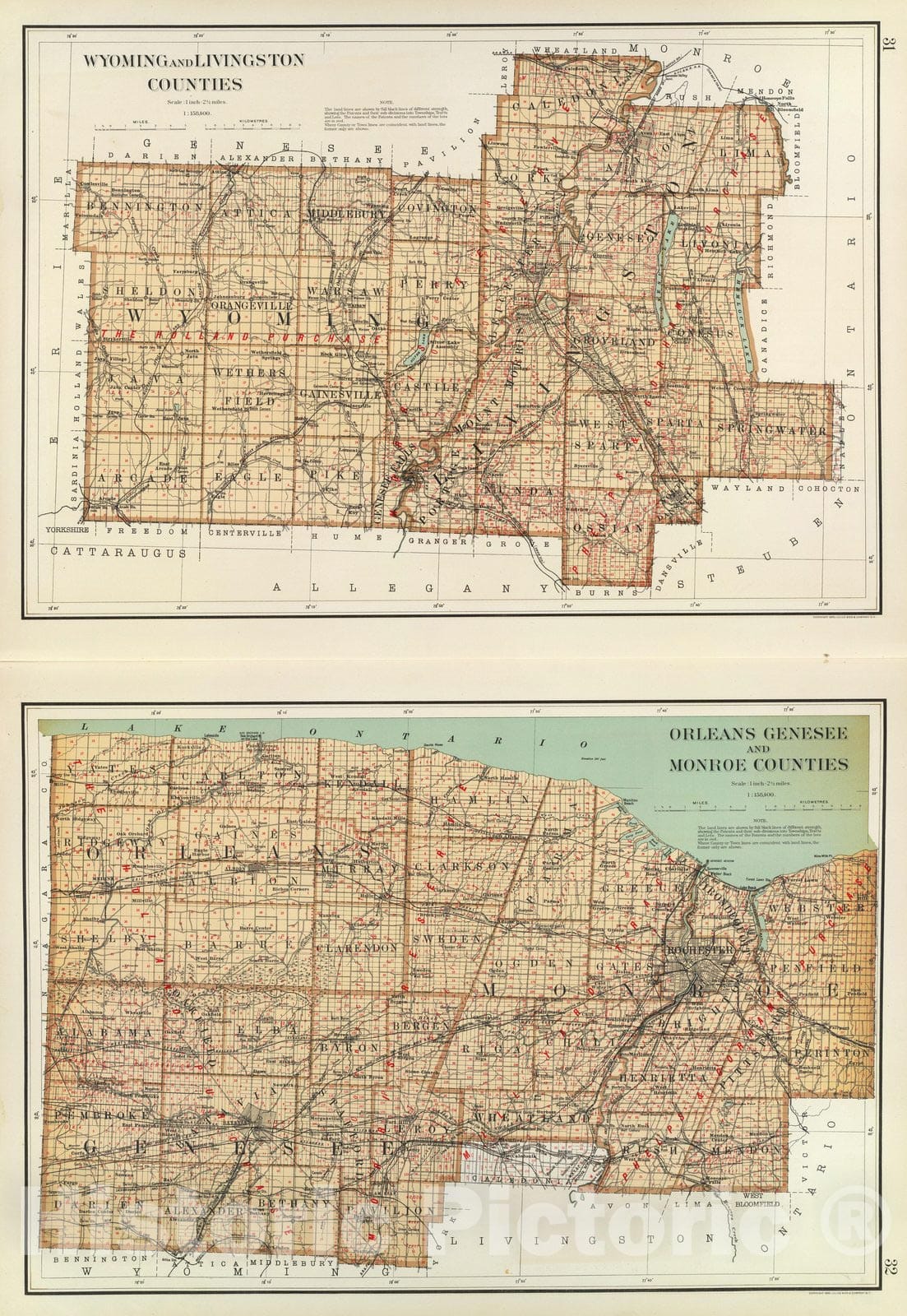 Historic Map : State Atlas Map, Wyoming, Livingston, Orleans, Genesee, Monroe counties. 1895 - Vintage Wall Art